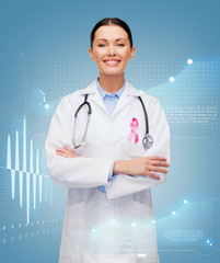 doctor with stethoscope, cancer awareness ribbon