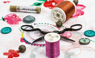 sewing set of threads,needles,buttons and scissors