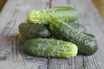 Some fresh cucumbers on a wooden board