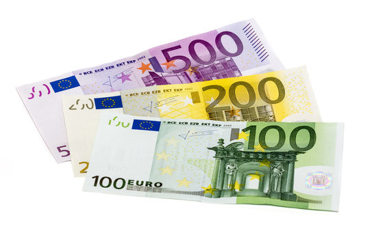Isolated stack of money with three banknotes 100 200 500 euro