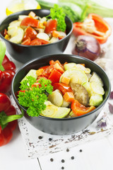 Steamed vegetables in the ceramic pot