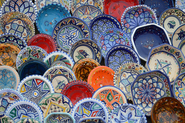multicolor sovenir earthenware in tunisian market, Sidi Bou Said