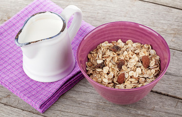 Healty breakfast with muesli and milk