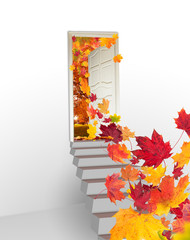 Concept with opened door into autumn landscape