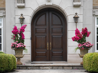 Fototapeta na wymiar wooden double doors with flower pots