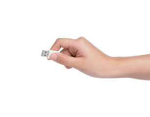 female hold USB cable in hand isolated on white