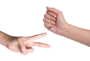 Female hand  isolated on white , roshambo sign