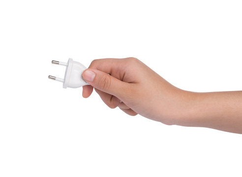 plug on hand  isolated on white background