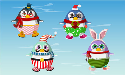 Set of cute penguins winter clothes