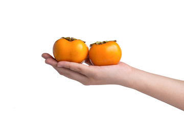 Hand holding ripe persimmon isolated on a white background