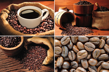 Panele Szklane  Kolekcja filiżanek kawy i ziaren kawy
