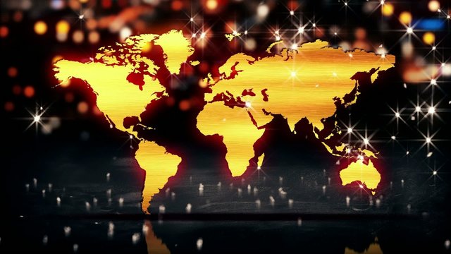 World Map Gold City Light Shine Bokeh 3D Loop Animation