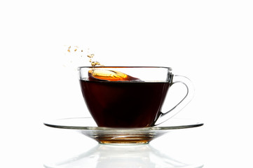Splash coffee in glass cup
