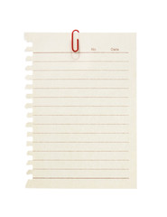 Paper note ripped off from the notebook with red clip isolated o