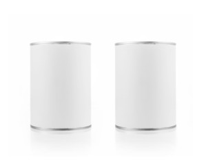 various white tin can on white background.