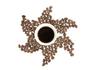 Star shaped coffee beans enclosed cup isolated on white.