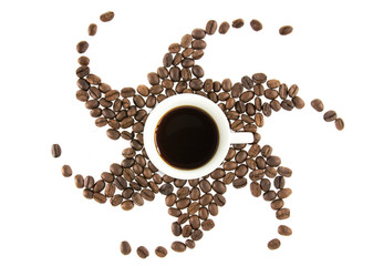 Star shaped coffee beans enclosed cup isolated on white.