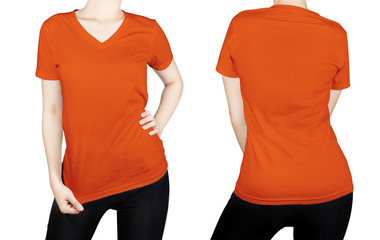 Orange color T-shirt on woman body with front and back side isol
