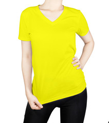 Yellow T - shirt on woman body with front side isolated on white