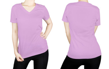 Purple T-shirt on woman body with front and back side isolated o