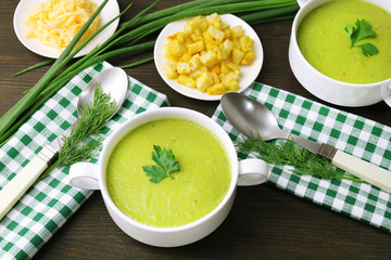 Leek soup on table, close up
