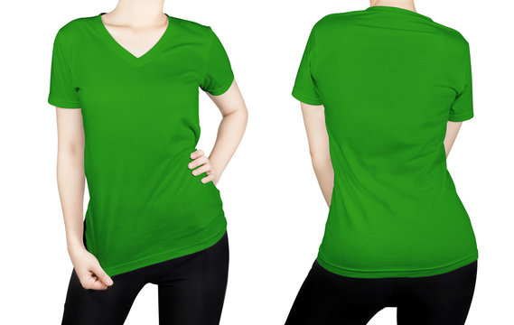 Green T - Shirt On Woman Body With Front And Back Side Isolated