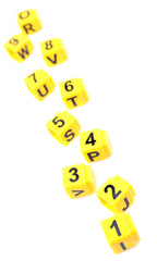 Educational cubes with different numbers isolated on white