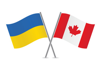 Canada and Ukraine crossed flags. Canadian and Ukrainian flags on white background. Vector illustration.