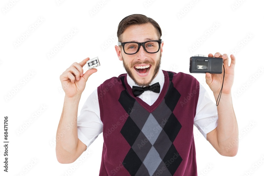 Aufkleber geeky hipster holding a retro tape cassette player