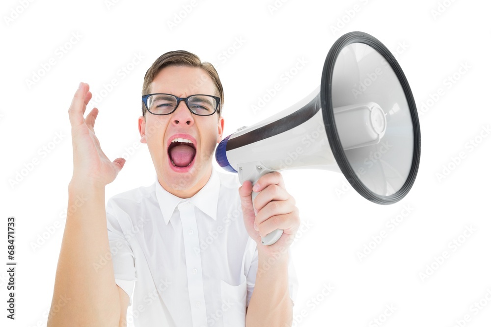 Poster geeky businessman shouting through megaphone