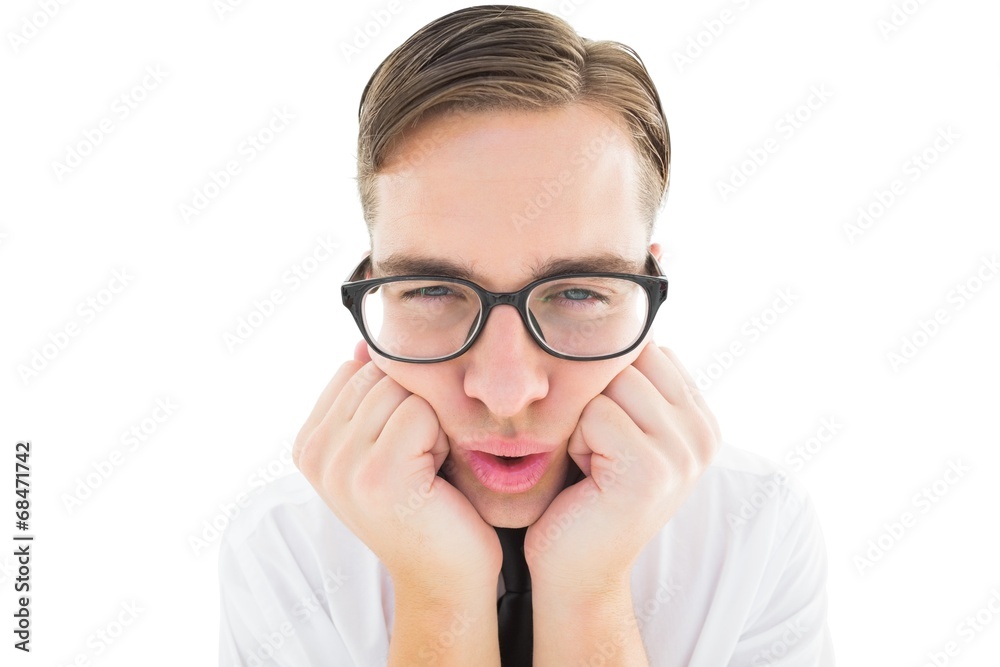 Poster geeky hipster falling asleep on hands