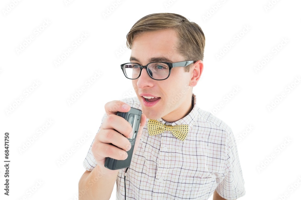 Aufkleber geeky hipster speaking into dictaphone