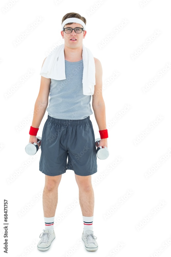 Poster geeky hipster lifting heavy dumbbells