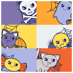 Halloween kawaii greeting cards with cute doodles.