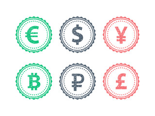 Euro Dollar Yen Yuan Bitcoin Rubel Pound currencies vector