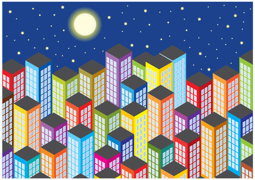 colorful cartoon skyscrapers by night