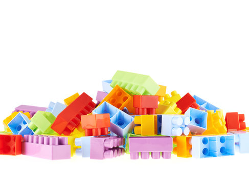 Pile of colorful toy construction bricks