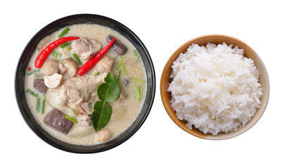 thaifood spicy chicken curry in coconut milk and rice