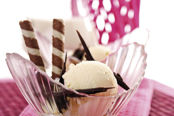 Vanilleeis mit Schokolade und Waffelröllchen