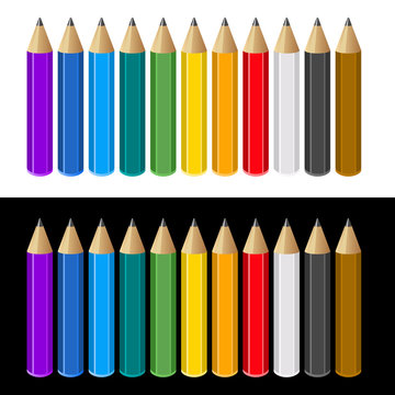 Set of Color Pencils on White and Black Background. Vector