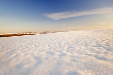 Fototapeta na wymiar a field covered with white snow in a winter season