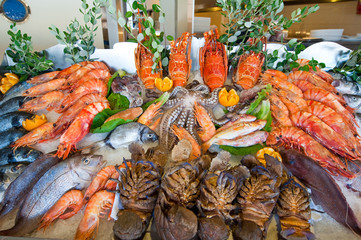 Seafood displayed for sale on the island of Crete, Greece.