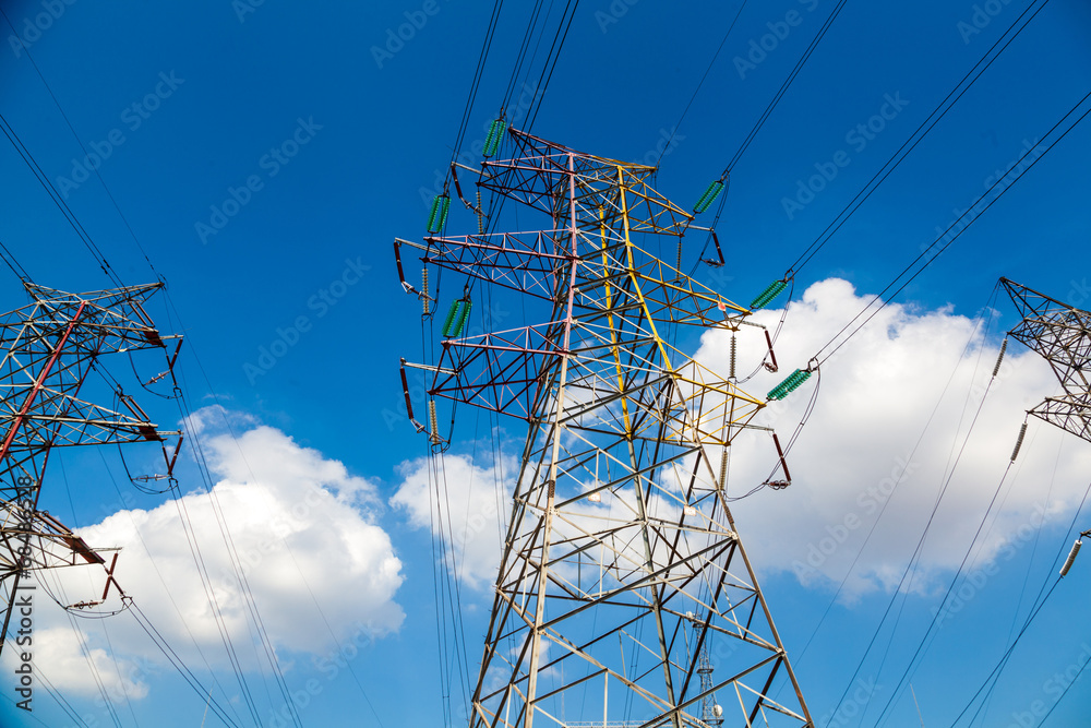 Wall mural high voltage post.high-voltage tower sky background.