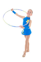 cute little girl doing gymnastics with hoop isolated on white
