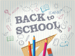 Back to school poster with doodles and pencils