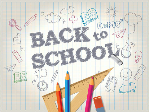Back to school poster with doodles and pencils