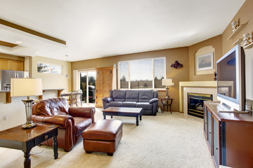 Cozy living room with fireplace and leather couch
