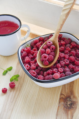 Raspberry in enamel bowl
