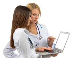 nurse research laptop computer woman pointing at the monitor dis