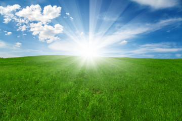 Obraz na płótnie Canvas Green field and blue cloudy sky with sun